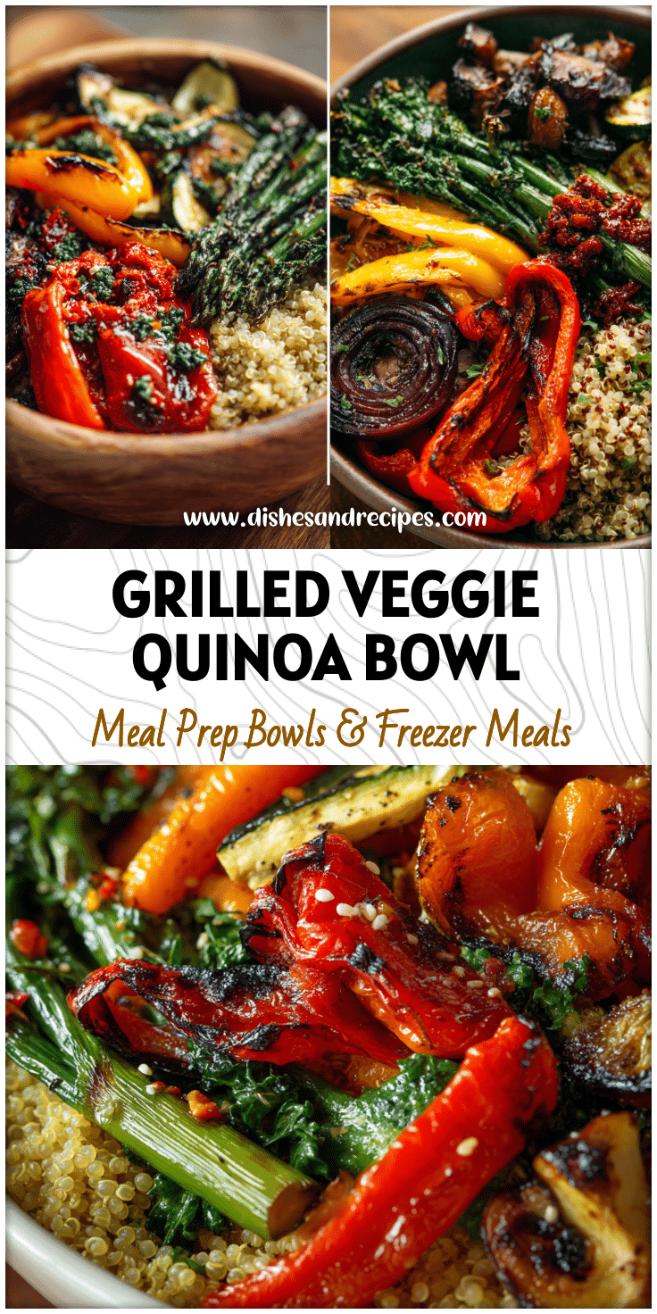 Colorful grilled vegetable quinoa bowl topped with roasted peppers and greens, ideal for Healthy Bowls Recipes.